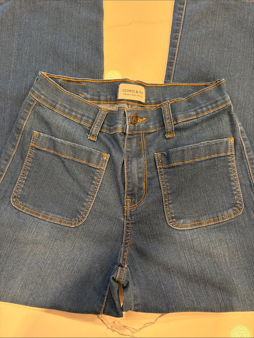 crown & ivy Blue Denim Jeans with Front Patch Pockets